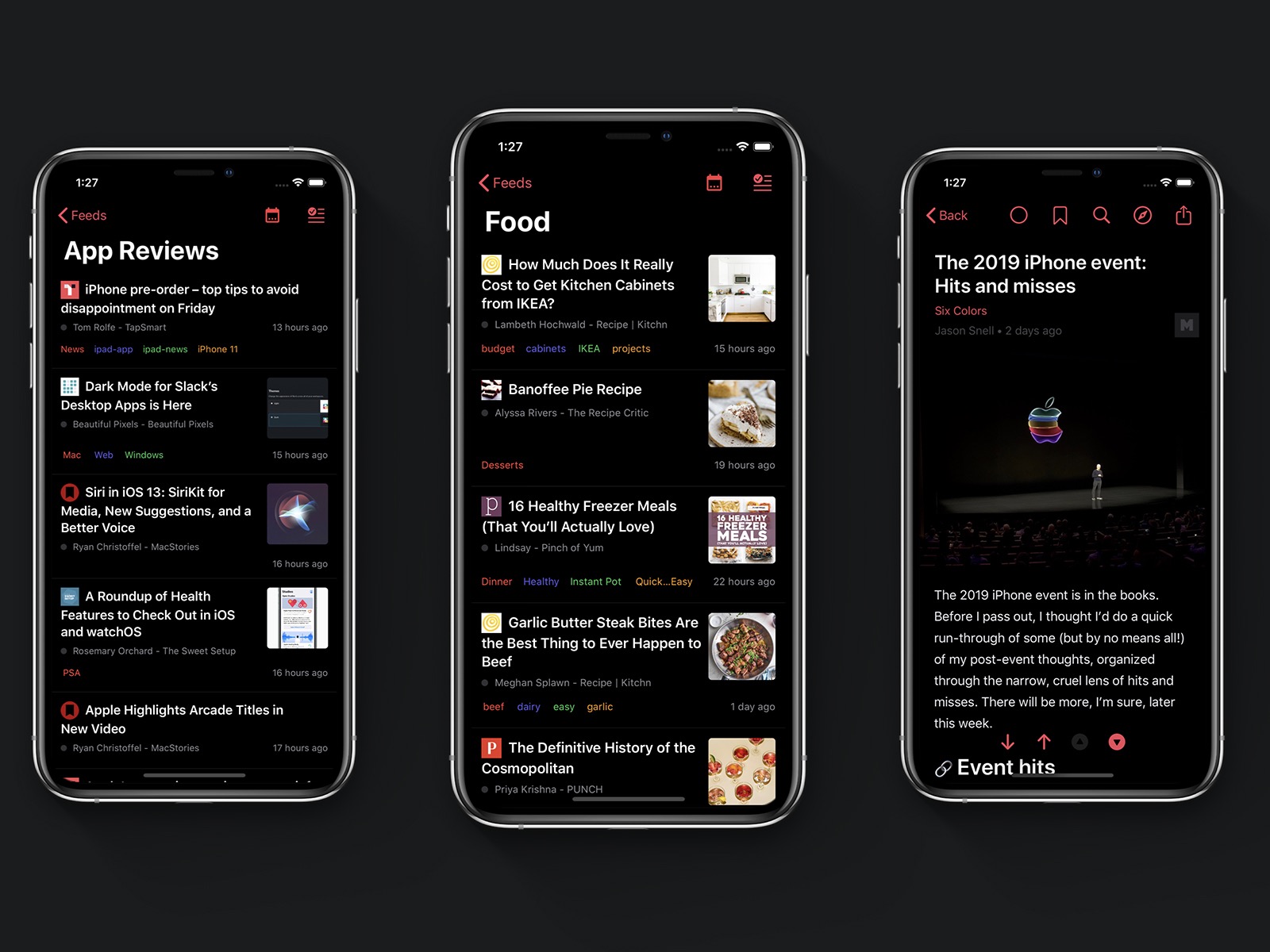 Dark Mode. Left: Articles List. Center: Folder View. Right: Article Reader. 