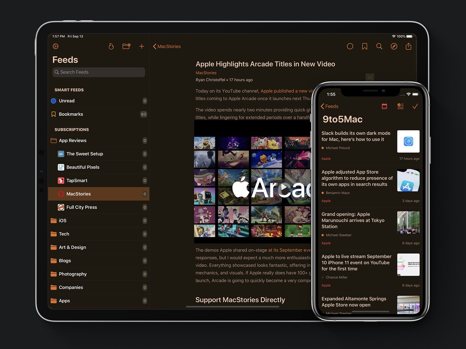 Dark Mode. iPad: Article Reader. iPhone: Feed's Articles List. 