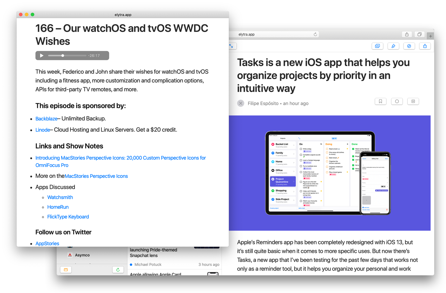 Elytra Web in Safari with Article open with a seaprate window open with a podcast playing.