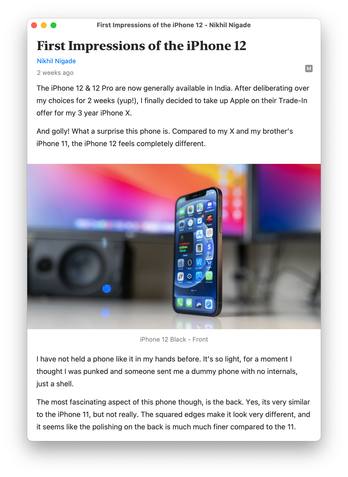 My iPhone 12 first impressions article in Elytra on macOS Big Sur