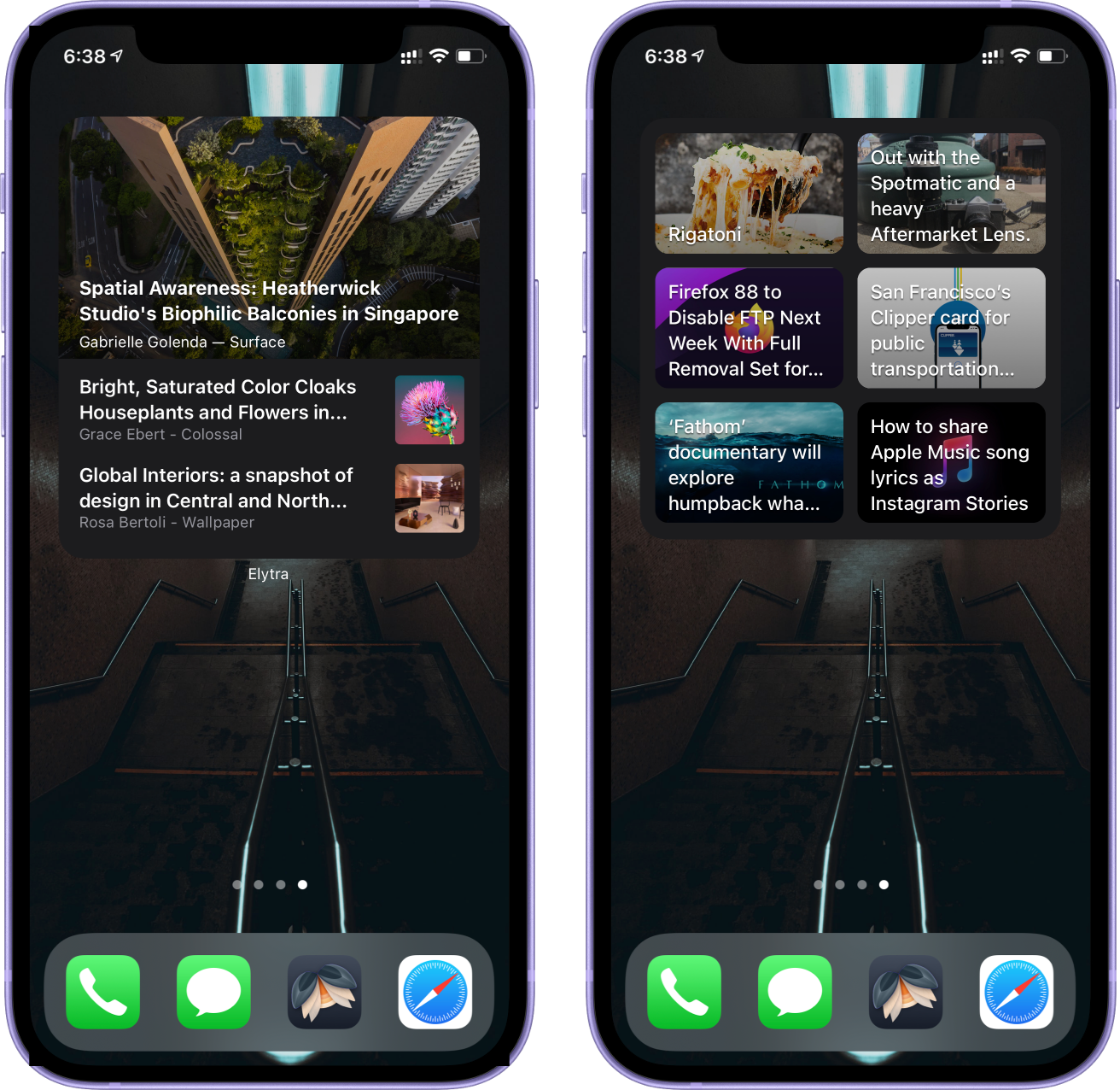 Elytra's new Folders and Bloccs widgets running on ithe iPhone 12.