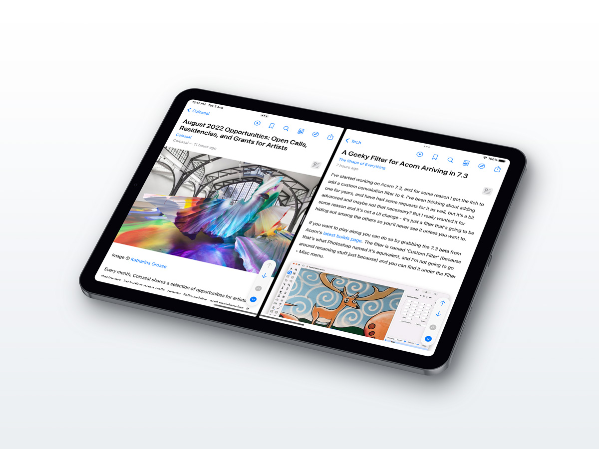 Banner: Elytra running on iPad Air with two articles in separate windows