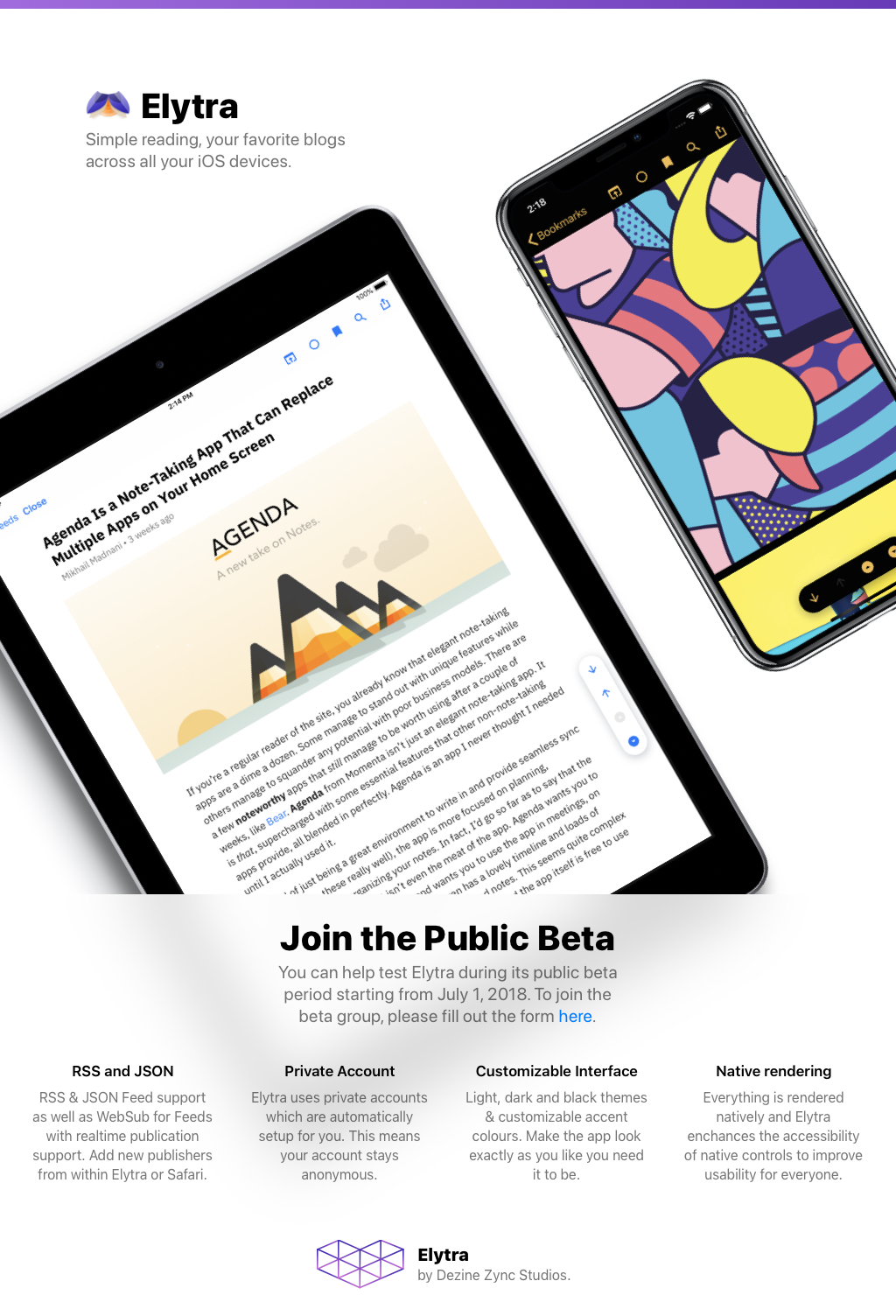 Public beta invitation website for Elytra, July 2018.