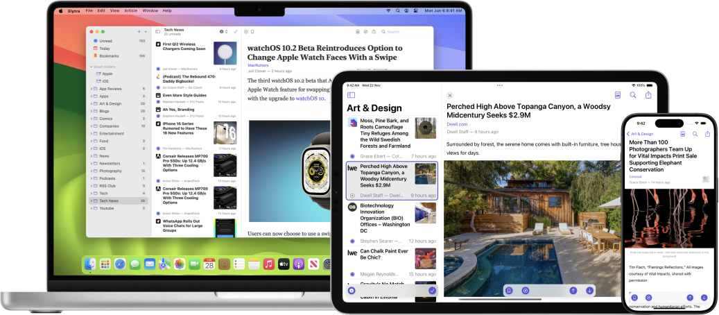 Elytra's timeline and article reader displayed on iPad, iPhone and macOS.