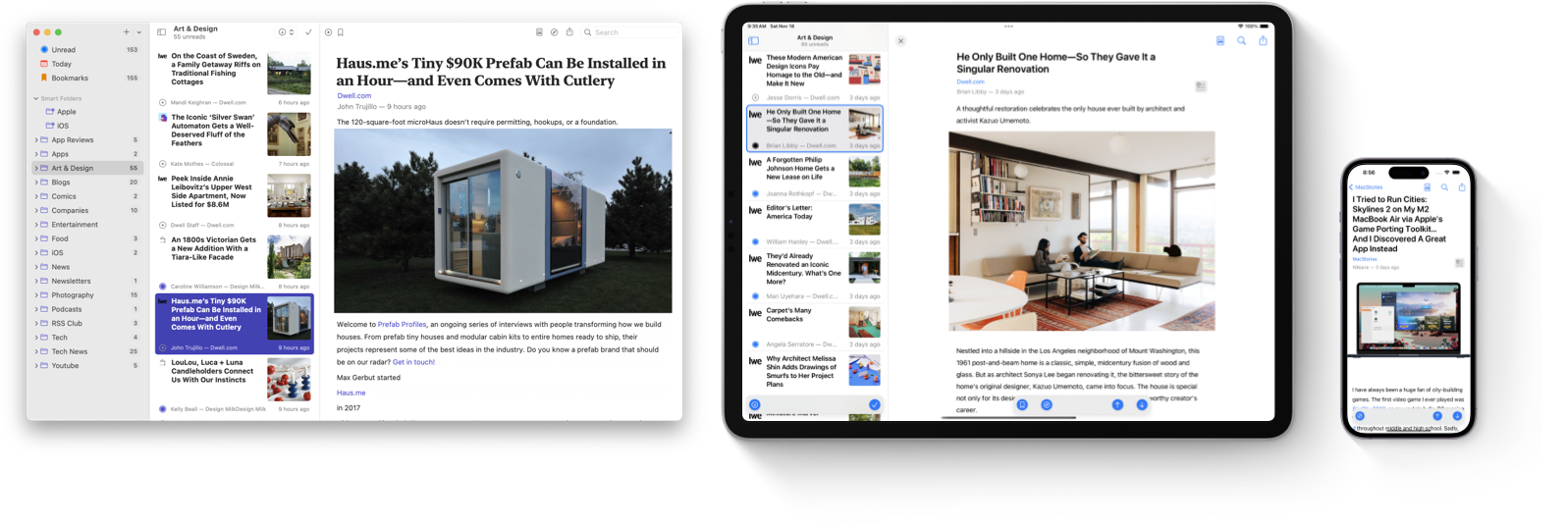 Elytra's timeline and article reader displayed on iPad, iPhone and macOS.